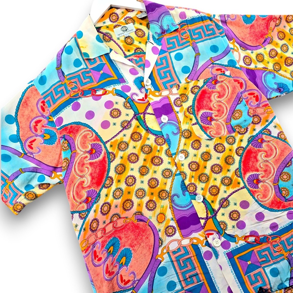Arnold Zimberg Silk Shirt Mens Medium Multicolor Paisley Geometric Short Sleeve